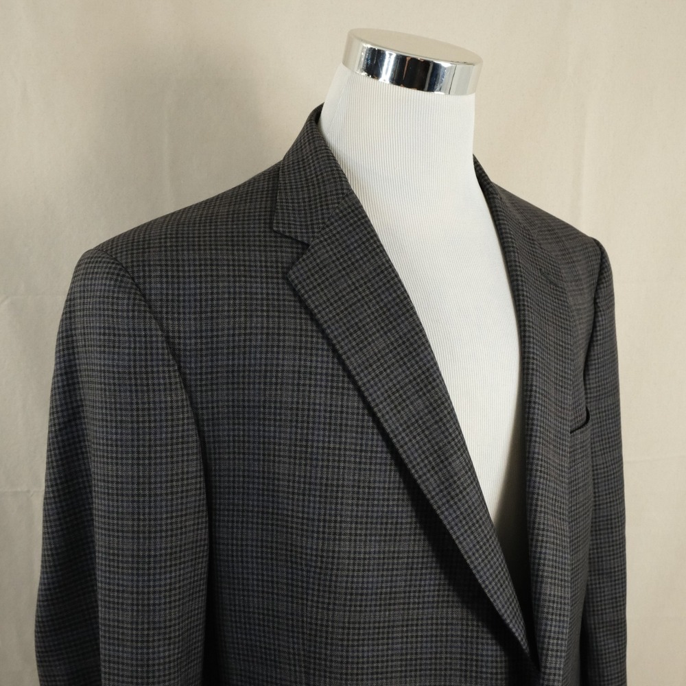Hart Schaffner Marx 48R Sport Coat Wool Grey Blue Check Two Button Double Vent